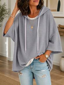 Plus Size Women's New Solid Color Knit Hooded Drawstring Waffle Casual Top - Grey - View 4