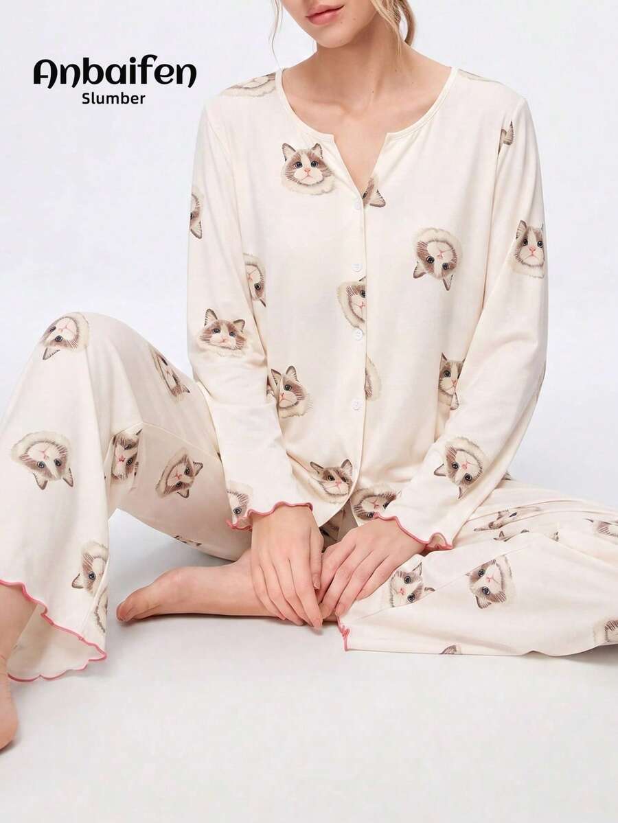 2pcs/Set Women's Pajamas Loungewear Set, Cardigan Cute Cat Print Fashion Long Sleeve Long Pants, Easy Care Fabric - Champagne - View 1