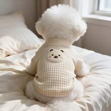 1PC Waffle Knit Dog T-Shirt, Cute Bear Patch Half High Collar Pet Short Sleeve Shirt, Soft Stretchy Daily Clothes For Small Dogs Bichon Maltese Poodle - Apricot - View 7