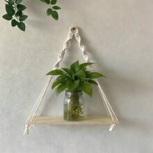 1pc Bohemian Style Macrame Wall Hanging With Wooden Board And Tassels, Handmade Woven Minimalist Shelf Wall Decor - Without Plants And Accessories - Beige - View 11