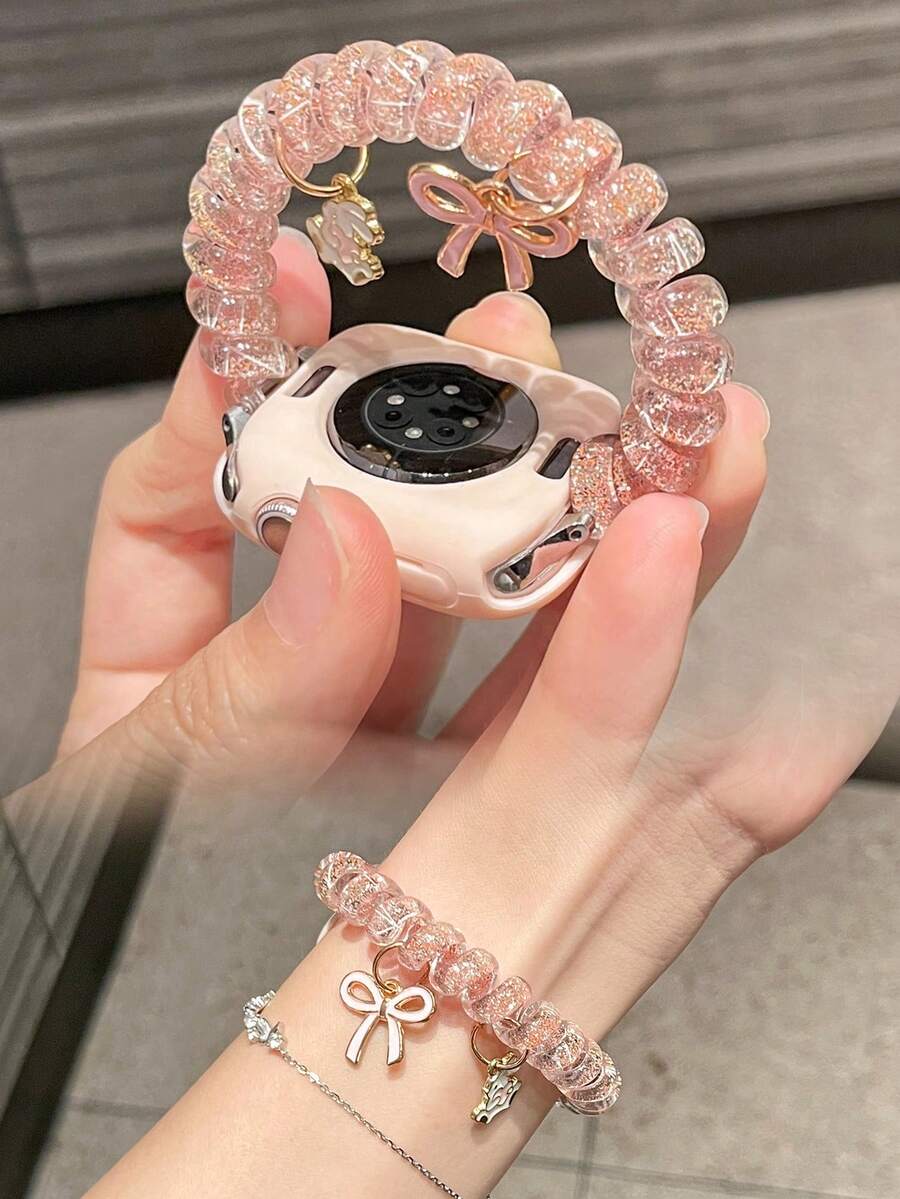 1件女款粉色時尚蝴蝶結彈性髮圈手錶錶帶，適用於38/40/41/42/44/45/49/46mm S12/S11/SE3/Ultra4/Ultra3/Ultra/SE/SE2/10/9/8/7/6/5/4/3/2/1 - 粉色 - 查看 1