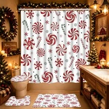 1/4pcs Christmas Candy Cane & Snowflake Pattern Shower Curtain Set With 12 Hooks, Polyester Fabric Bathroom Decor, Machine Washable Holiday Shower Curtain, Suitable For Winter Wonderland Theme, Easy Installation - A - View 8