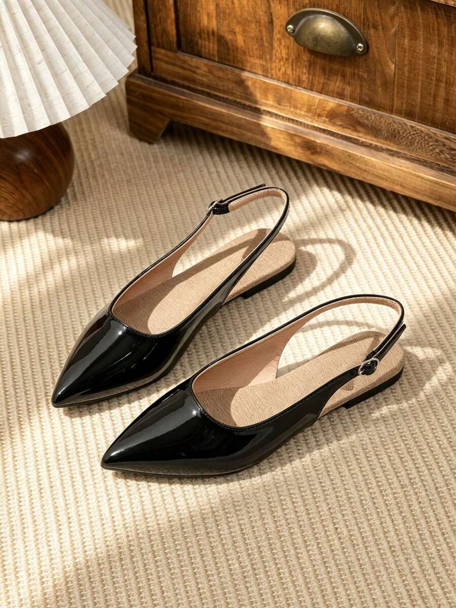 Glossy Pointed Toe Flat Slide Sandals For Women - Black - View 1