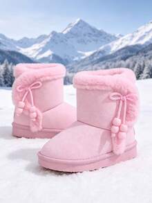 1 Pair Short Warm Snow Boots, Faux Suede + Side Bow Pendant Material, Round Toe Soft Sole Hook And Loop Design, Retro Cute Mid-Calf Outdoor Boots, Suitable For Daily Campus Skiing, Autumn/Winter New Style - Pink - View 2