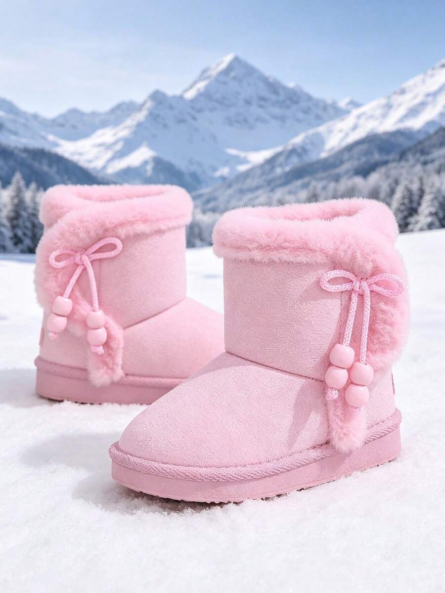 1 Pair Short Warm Snow Boots, Faux Suede + Side Bow Pendant Material, Round Toe Soft Sole Hook And Loop Design, Retro Cute Mid-Calf Outdoor Boots, Suitable For Daily Campus Skiing, Autumn/Winter New Style