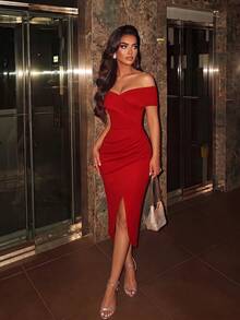 ADYCE Elegant Cold Shoulder Backless Ruched Waist Wrap Hem High Slit Fitted Midi Dress Red - Red - View 1