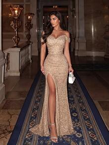 ADYCE Elegant Solid Color Sequin Cold Shoulder Split Thigh Backless Waisted Prom Party Homecoming Long Dress Christmas Prom Gown Homecoming Wedding Fall - Gold - View 3