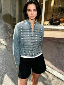 THREADLY Spring/Summer New Women's European And American Style Fashion Simple Versatile Fitted Denim Jacket Casual - Blue - View 1