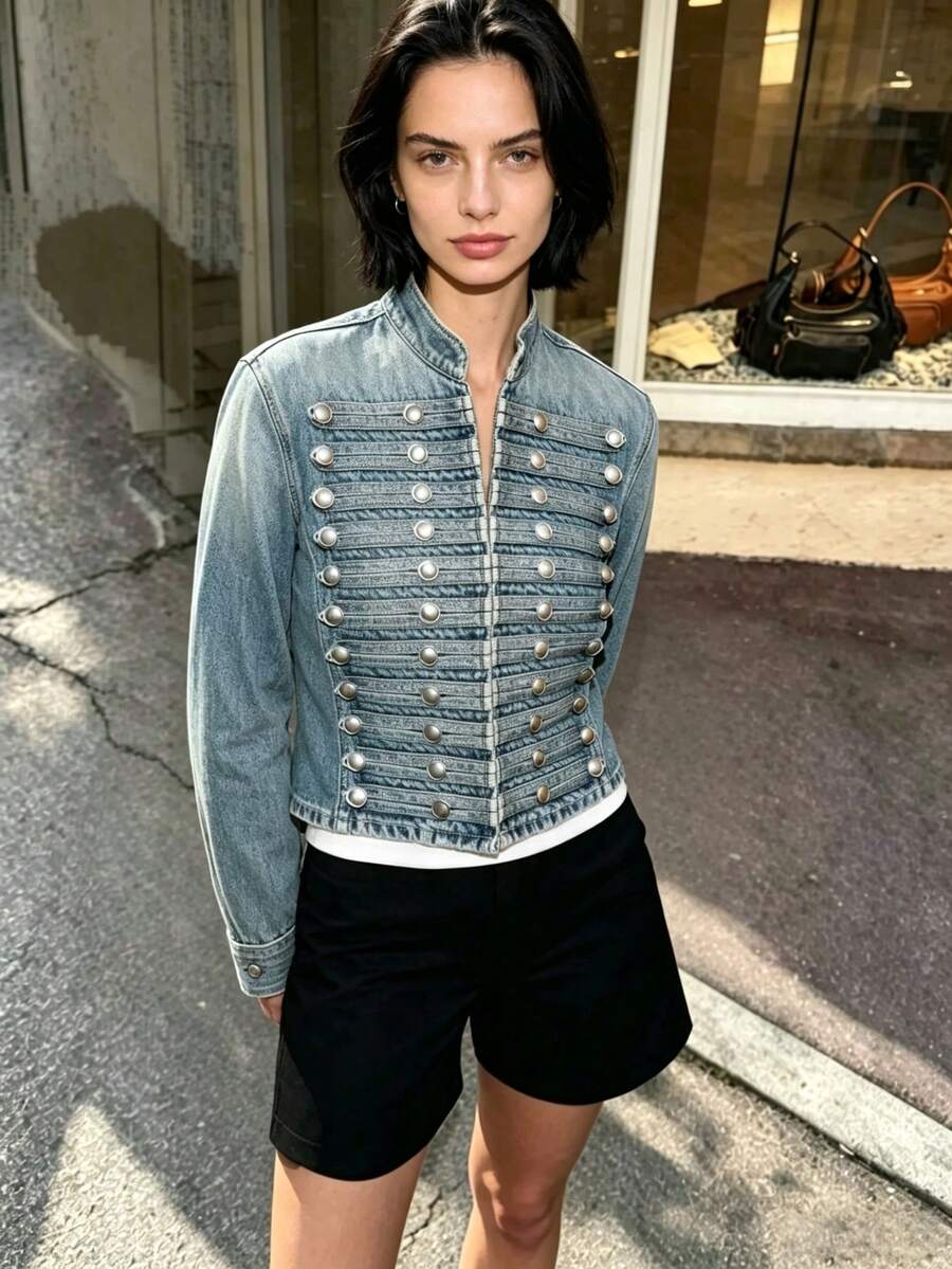 THREADLY Spring/Summer New Women's European And American Style Fashion Simple Versatile Fitted Denim Jacket Casual - Blue - View 1