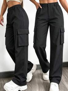 Women's Autumn Solid Color Multi-Pocket Cargo Pants, Straight Leg, Outdoor Sports Long Pants - Black - View 1