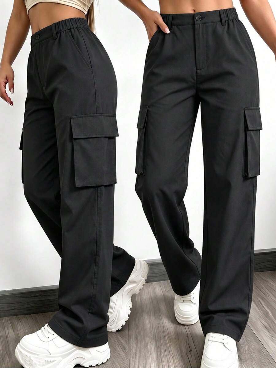 Women's Autumn Solid Color Multi-Pocket Cargo Pants, Straight Leg, Outdoor Sports Long Pants - Black - View 1