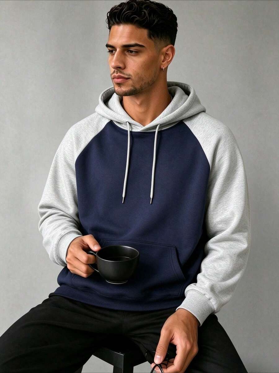 ZYNTH BALENO Men's Loose Drop Shoulder Patchwork Hooded Sweatshirt, Suitable For Sports, Outdoor, Indoor, Classic Solid Color Long Sleeve - Navy Blue - View 1