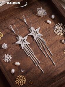 Women's Long Tassel Earrings With Star & Rhinestones, Hollow Pentagram Multi-Drip Rhinestone Exaggerated Earrings, Sparkling Earrings For Evening Party - Silver - View 2