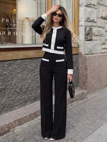 Women's Spring/Autumn Classic Black & White Colorblock Knit Set, Cropped Top And Flared Pants, Slimming Fit Luxury Casual Outfit For Cafe And Commute - Black - View 3