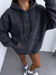 Hoodie Wanita Warna Hitam Washed Fashion Musim Gugur, Hoodie Pullover Hangat dan Nyaman, Cocok untuk Pemakaian Sehari-hari - Hitam - View 2