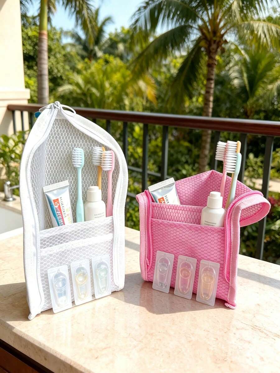 1pc Portable Mesh Toiletry Bag, Standing Travel Cosmetic Organizer, Multi-Pocket Zipper Storage Bag, Suitable For Bathroom, Beach, Vacation Travel Essentials - Multicolor - View 1
