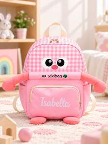 (Custom Embroidery) 1PC Cute Big Eyes Design, Color Block Patchwork, Breathable Lightweight Shoulder Strap, Personalized Name Embroidery, Holiday Gift, School & Travel Dual-Use Lightweight Backpack - Multicolor - View 2