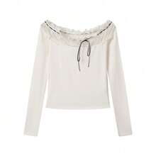 Women's Off-Shoulder Lace Trim Long Sleeve T-Shirt Inner Layer Fitted Top Autumn Base Layer Patchwork Knotted Lace Design Vacation Style - Apricot - View 8