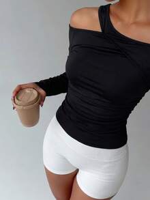 Women's Asymmetrical Shoulder Strap Long Sleeve Sports Top Side Ruched Slim Fit Flattering Yoga Fitness Running Long Sleeve T-Shirt - Black - View 6