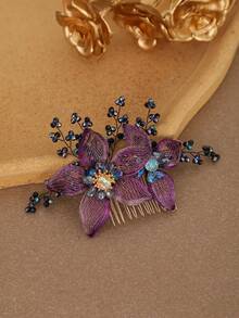 Elegant Purple Floral Hair Comb With Beaded Crystal Rhinestones, Handmade Mesh Flower Side Comb Bridal Hair Accessory For Wedding, Prom, Party, Evening Banquet, Bridesmaid - Multicolor - View 4