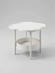 [Fashion Side Table]Minimalist Modern Plastic Side Table - Fashionable Modern Round Clover Side Table, Small Double-Layer Coffee Table With Storage Shelf | Space-Saving Clover Design Bedside Table - Suitable For Living Room, Study, Bedroom Storage And Organization - White - View 8