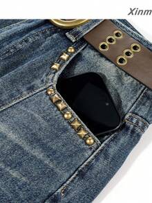 Jeans femme vintage américain délavé et usé, jambe courbe et large, taille haute amincissante, pantalon long élégant pour voyage, décontracté, vacances, début d'automne - Bleu azur - Voir 5
