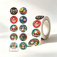 1pc Christmas Vintage Cartoon Round Self-Adhesive Sticker Roll, Snowman & Santa Claus Pattern Decorative Stickers For Water Cups, Storage Jars, Holiday Atmosphere - Multicolor - View 4