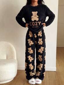 Women's 2-Piece Pajama Set, Autumn Plush Teddy Bear Embroidered Long Sleeve Fleece Top + Printed Flannel Long Pants Loungewear Nightwear Set - Black - View 1