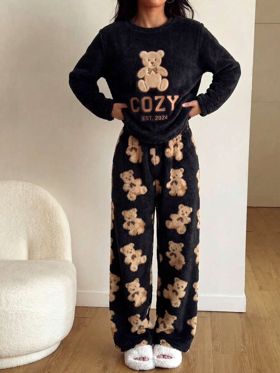 Women's 2-Piece Pajama Set, Autumn Plush Teddy Bear Embroidered Long Sleeve Fleece Top + Printed Flannel Long Pants Loungewear Nightwear Set - Black - View 1