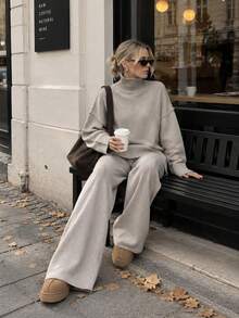 Women's Chic Beige High Neck Loose Knit Sweater And Wide Leg Pants Co-Ord Set, Perfect For Fall Daily Wear - Khaki - View 5