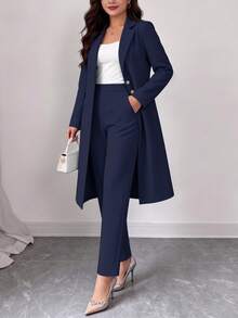 Plus Size Women's Elegant Commute 2 Pieces Set, Spring/Autumn Long Waist-Cinching Vintage British Design Faux Pocket Button Detail Blazer Coat With Simple Casual Straight Leg Pants - Navy - View 4
