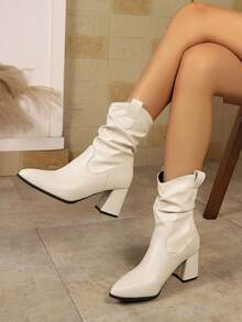 Korean Style Pointed Toe Chunky Heel Western Ankle Boots Women Autumn/Winter New Pleated Shaft Slouch Boots Minimalist Versatile High Heel Boots - Beige - View 1