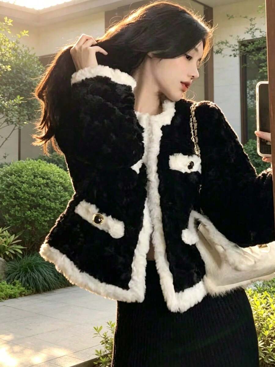 加厚仿兔毛女款外套，韓版毛茸茸厚款開襟短外套，2025秋冬新款 - 黑與白 - 查看 1