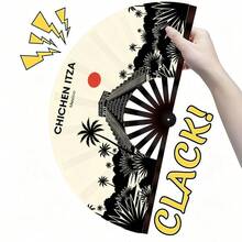 Chichen Itza Mayan Pyramid Large Folding Fan, Mexican Landmark Silhouette Print Handheld Fan, Summer Beach Travel Photo Prop, Theme Party Accessory - Multicolor - View 5
