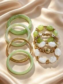 Green Floral Resin Bracelet With Gold Asymmetrical Metal Beads And White Shell Beads Bracelet Set, Niche Luxury Layered Bangle For Women Vacation Outfit Accessory - Multicolor - View 3
