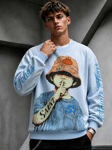 Krometka Men's Light Blue Distressed Crew Neck Sweatshirt, American Cartoon Character Graffiti Print Gothic Font Drop Shoulder Loose Fit Long Sleeve Top - Blue - View 1