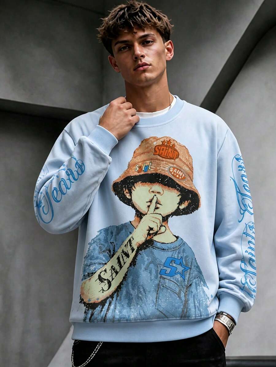 Krometka Men's Light Blue Distressed Crew Neck Sweatshirt, American Cartoon Character Graffiti Print Gothic Font Drop Shoulder Loose Fit Long Sleeve Top - Blue - View 1