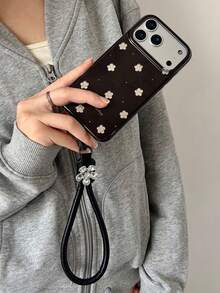 Ins Style Autumn/Winter Marrone Coffee Base With Small Silver Floral Pattern Phone Case For IPhone 18 Pro Max/17 Pro Max/16/15 Pro Max/15 Pro, Shockproof Full Coverage Protective Cover, New 17/18 Pro Max Soft Handheld Case - Dark Brown - View 4