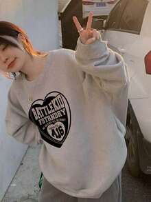 American Vintage Shield & Heart Multi-Layer English Print Crew Neck Sweatshirt, High Street Casual Drop Shoulder Long Sleeve Autumn Top - Light Grey - View 9