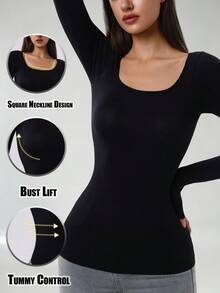 Women's Light Compression Long Sleeve T-Shirt, Round Neck Regular Length, Slim Fit, Casual Black, Spring - Black - View 4