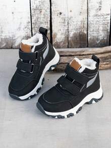Kids' Thermal Lined Snow Boots, Unisex Hook-And-Loop Thick Sole Warm Non-Slip Versatile Mid-Top Boots - Black - View 3