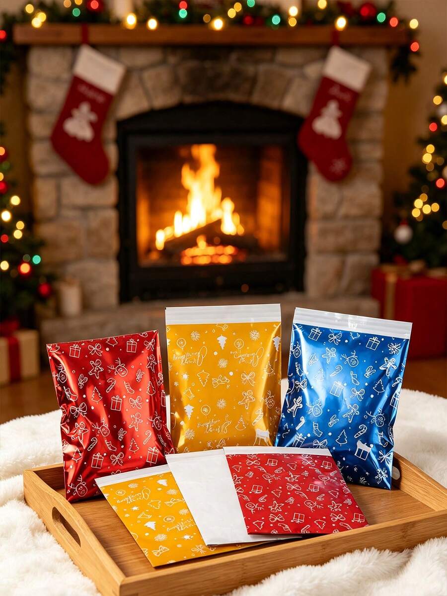 50pcs/Set Christmas Self-Sealing Courier Bags, Laminated Gift Packaging Bags, Snack And Small Gift Packaging Bags, Red, Gold, Blue Design, Suitable For Christmas, Party Atmosphere Supplies - Multicolor - View 1