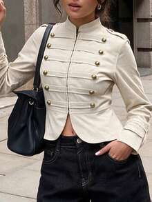 Women's Elegant Double-Breasted Light Khaki Front Zipper Napoleon/Military Jacket, Autumn Outfit, Country Music Concert Costume, Napoleon Jacket, Gothic Style, Autumn - Khaki - View 1