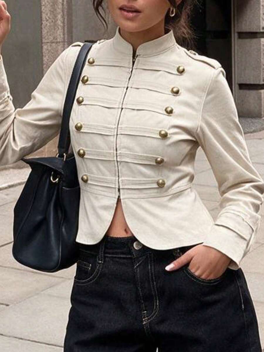 Women's Elegant Double-Breasted Light Khaki Front Zipper Napoleon/Military Jacket, Autumn Outfit, Country Music Concert Costume, Napoleon Jacket, Gothic Style, Autumn - Khaki - View 1