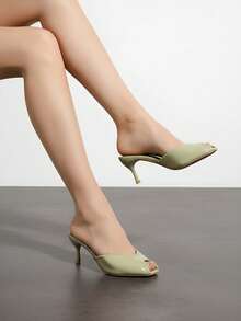 Peep Toe Stiletto Mule Sandals, Plus Size Wide Fit Minimalist Elegant High Heel Slippers For Outdoor Wear - Green - View 8
