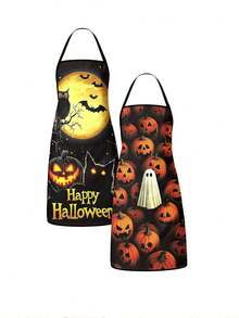 1pc/2pcs/4pcs Halloween Welcome Theme Printed Apron, Black Cat Witch Hat Skull Crow Pumpkin Pattern Bib Apron, Waterproof Oilproof Easy To Clean Apron, Adjustable Neck Strap Apron For Home Baking & Halloween Decor - Multicolor - View 1