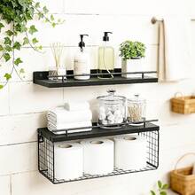 Bathroom Decor Art Floating Shelf, Modern Black | Bathroom Storage Rack And Shelf, Toilet Wall Shelf With Metal Railing - View 2
