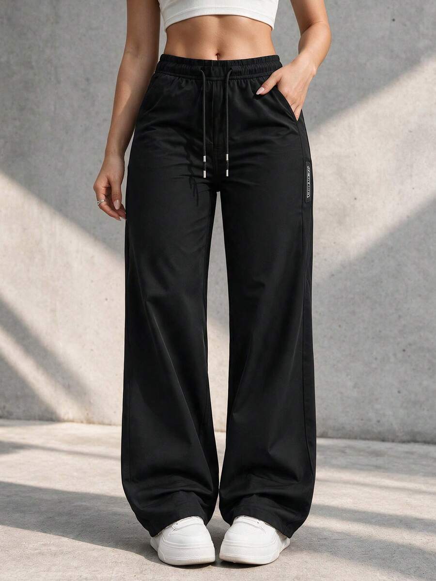 Women's Straight Leg Drawstring Pants With Zipper Pocket And Elastic Waist, Casual Athletic Pants For Daily Wear - Black - View 1