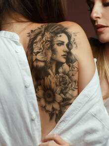 6PCS Black Creative Portrait Snake Lion Floral Pattern Party Gift DIY Holiday Gift Music Festival Temporary Waterproof Tattoo Stickers For Arm Shoulder Back Waist Abdomen Leg - Black - View 4
