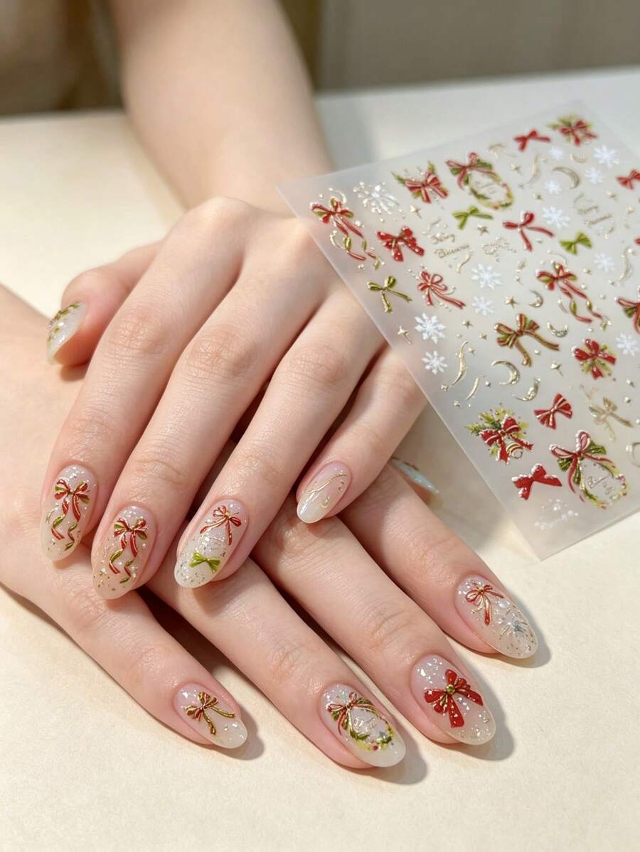 1 Sheet Christmas Nail Stickers, Gold Foil Bow & Snowflake Design, Self-Adhesive Nail Art Decorations For Winter